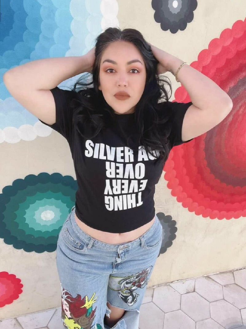 Silver Age Over Everything T Shirt modeled by @lamadrinamarcy on Instagram
